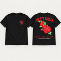 Black Pretty Baller Greatness Reigns T-shirt, front PB crest and full-color rose back