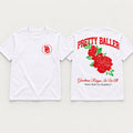 White Pretty Baller Greatness Reigns T-shirt, front PB crest and full-color rose back