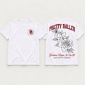 White Pretty Baller Greatness Reigns T-shirt, front PB crest and outline rose back