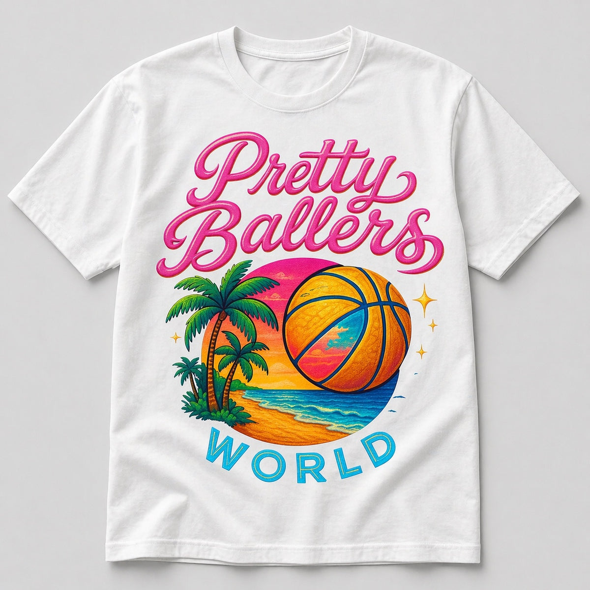 White Pretty Ballers World T-shirt with tropical basketball design